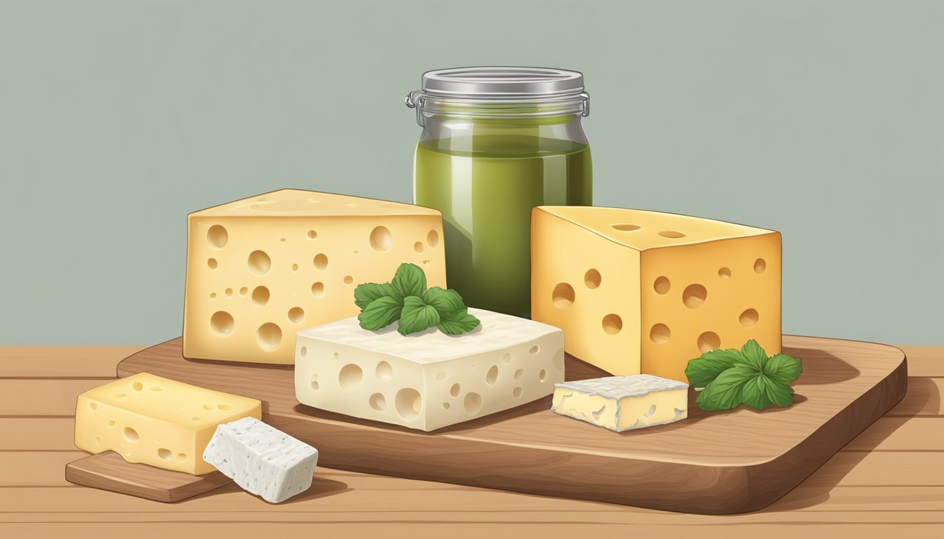 A block of chihuahua cheese sits next to various non-Mexican cheese substitutes on a wooden cutting board