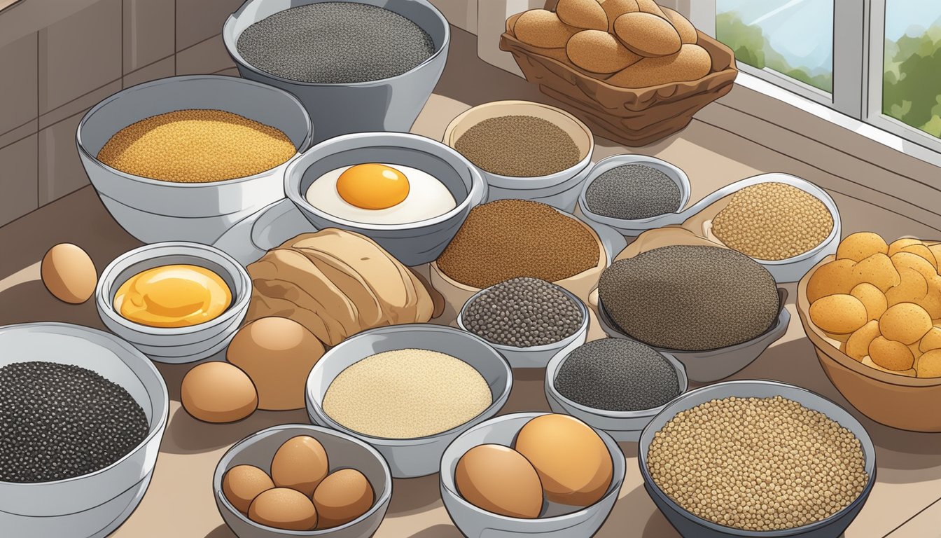 A colorful array of chia seeds, eggs, and various baked goods on a kitchen counter