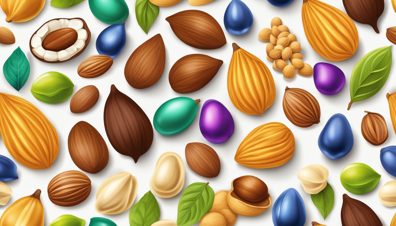 A variety of chestnut substitutes, such as almonds, walnuts, and hazelnuts, arranged in a colorful and appealing display