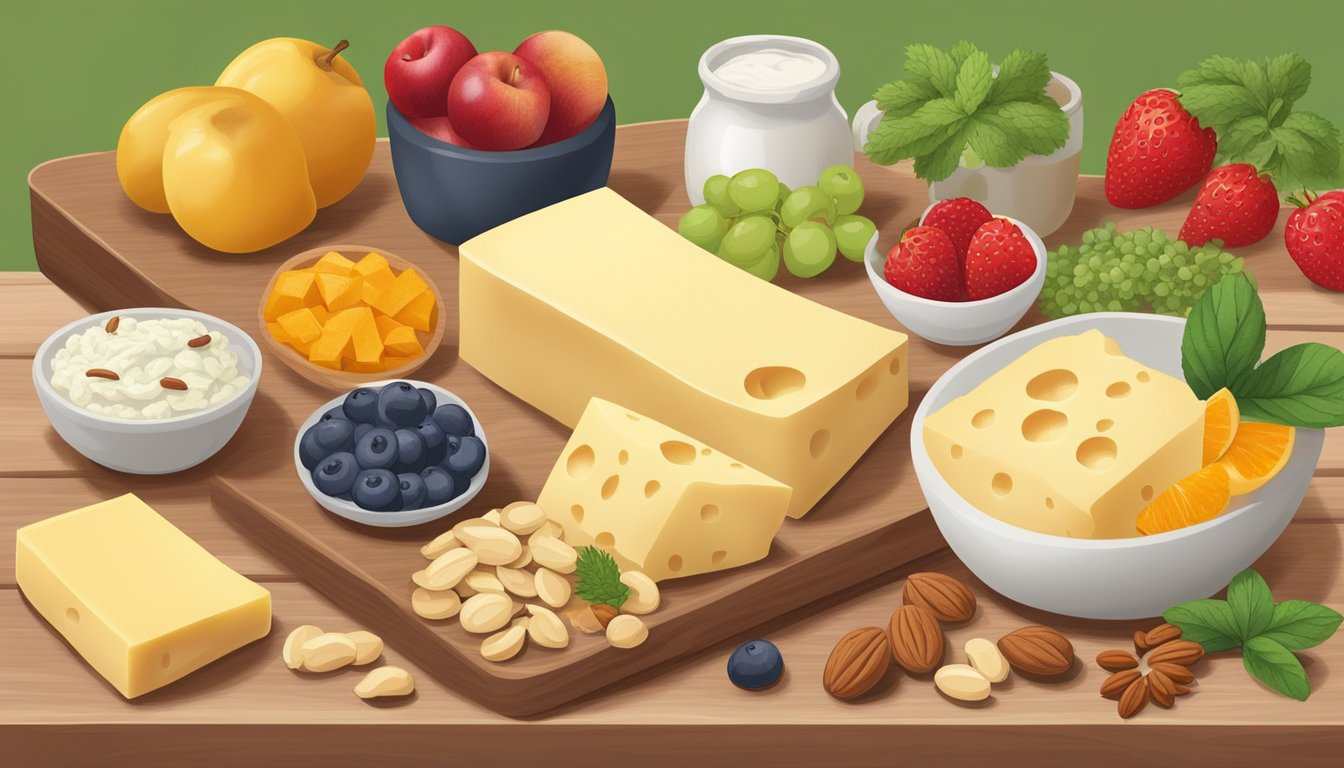 A variety of dairy-free chihuahua cheese substitutes displayed on a wooden board with accompanying fruits, nuts, and herbs