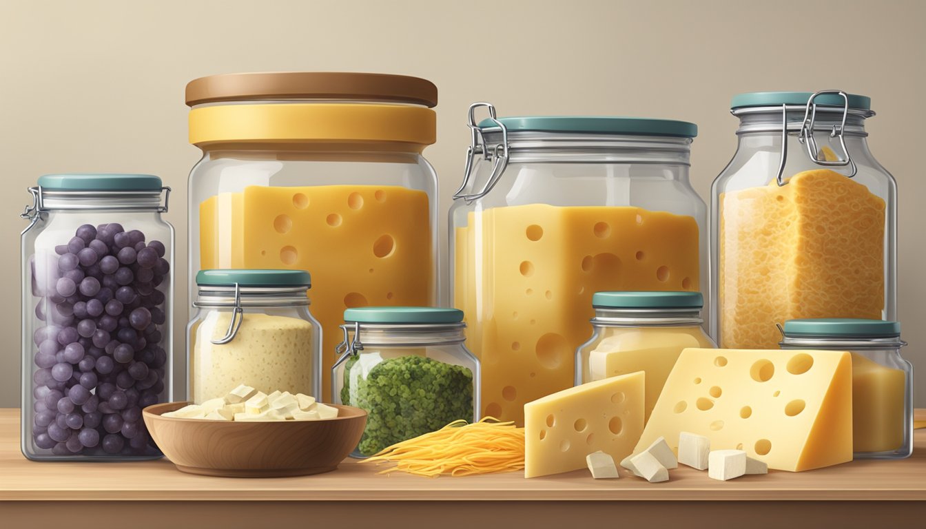 A kitchen counter with various cheese substitutes and storage containers