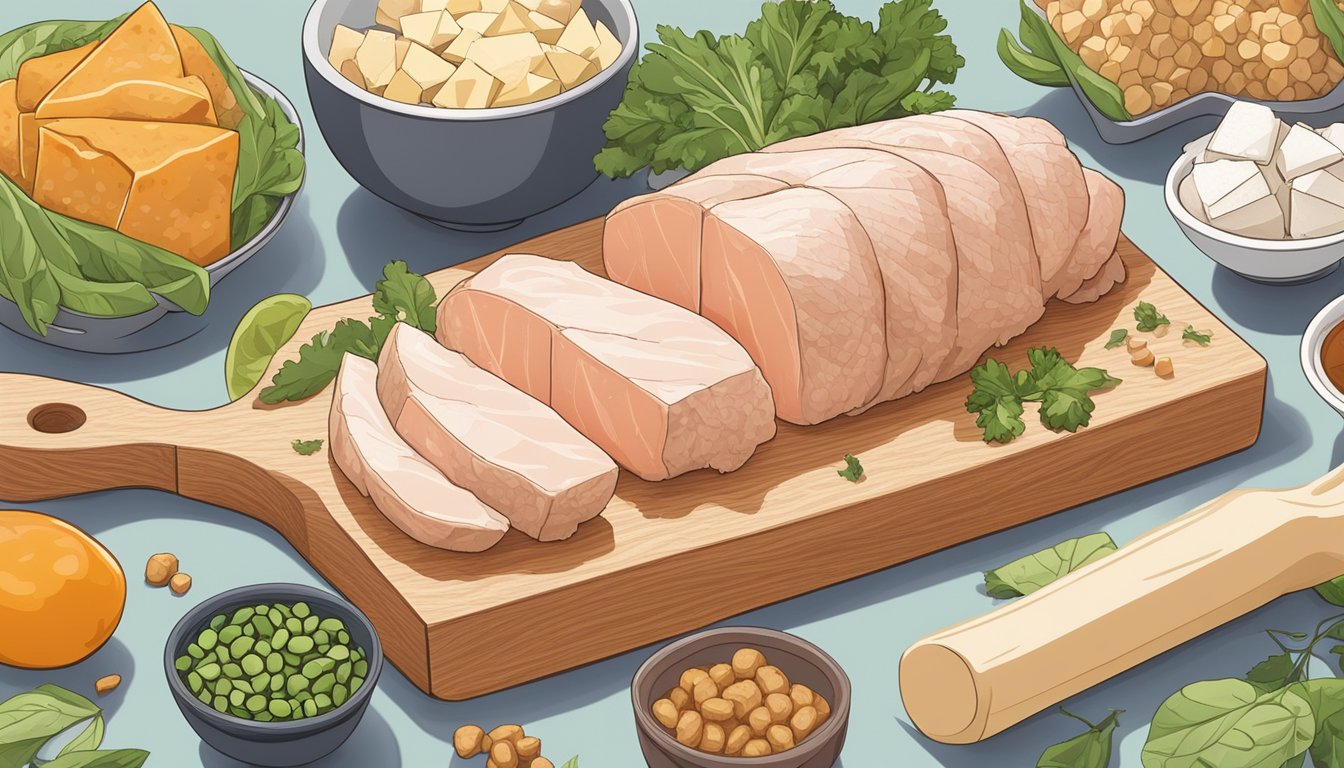 A raw chicken breast surrounded by various alternative ingredients such as tofu, seitan, and tempeh, all arranged on a cutting board