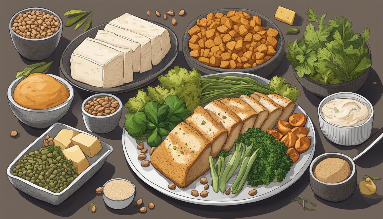 A variety of plant-based and alternative protein sources surrounding a chicken breast, including tofu, tempeh, seitan, and lentils