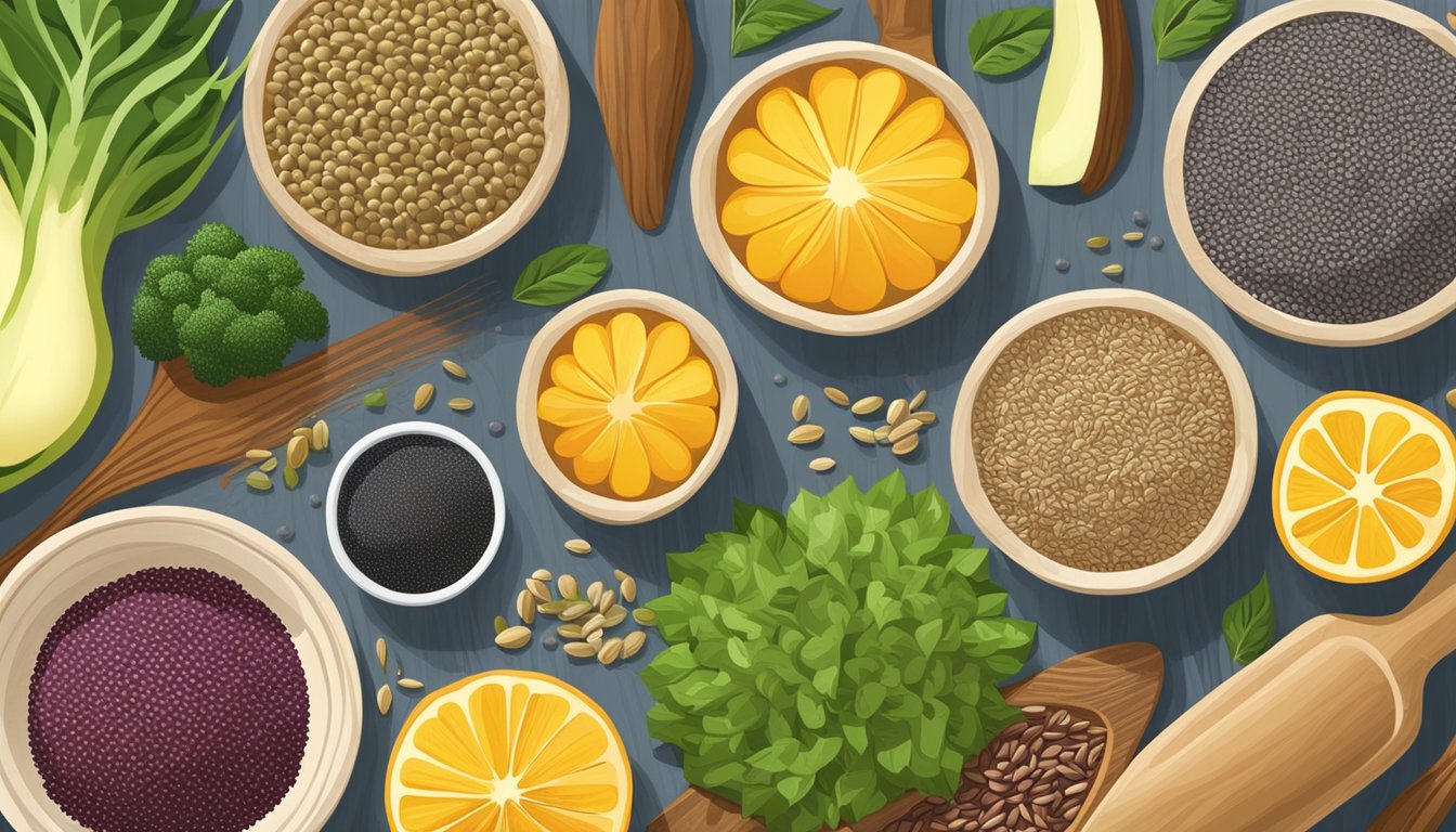 A variety of chia seed substitutes displayed on a wooden cutting board, including flaxseeds, hemp seeds, and sunflower seeds, surrounded by fresh fruits and vegetables