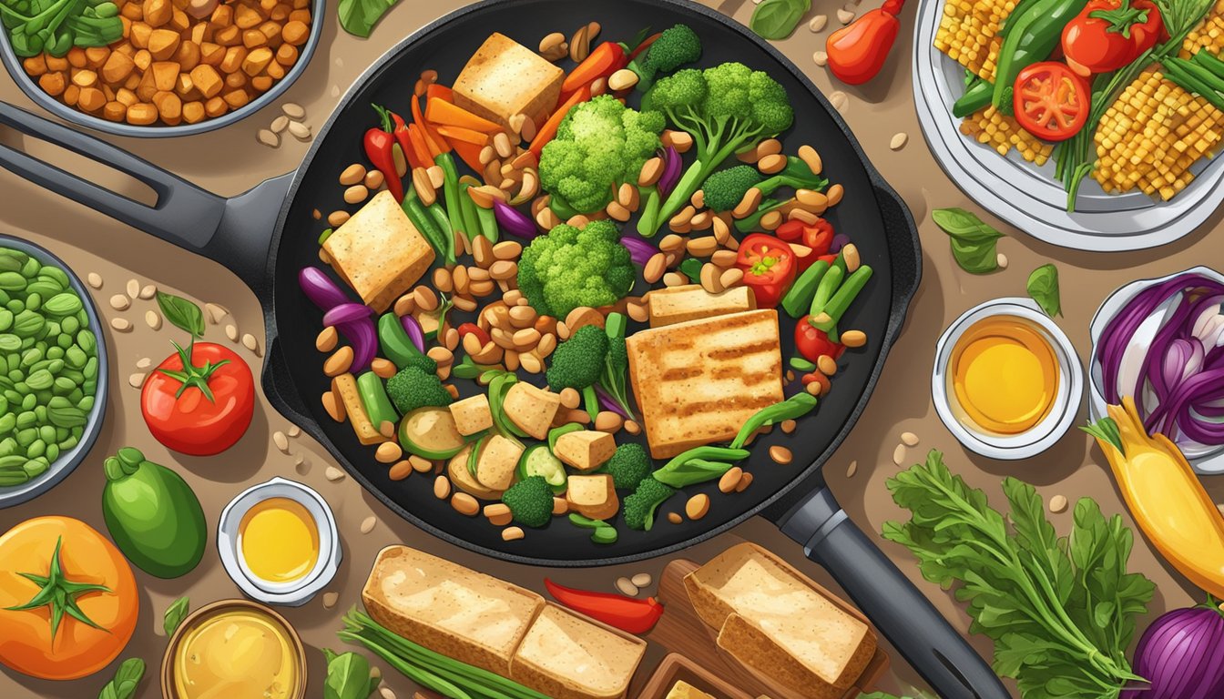 A colorful array of vegetables, tofu, and beans surround a sizzling skillet, replacing chicken breast in a variety of vibrant and appetizing meals