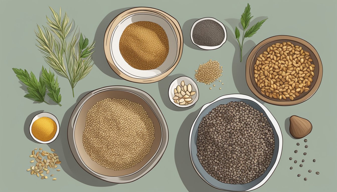 A kitchen counter with various ingredients like flaxseeds, hemp seeds, and nuts, alongside a bowl of chia seeds