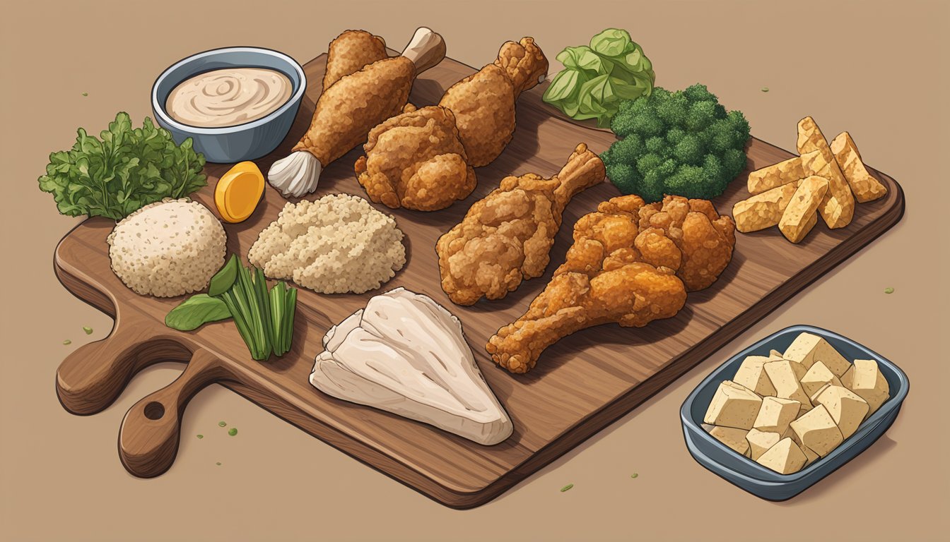 A variety of protein-packed alternatives to chicken drumsticks arranged on a wooden cutting board. Options include tofu, tempeh, seitan, and plant-based meat substitutes