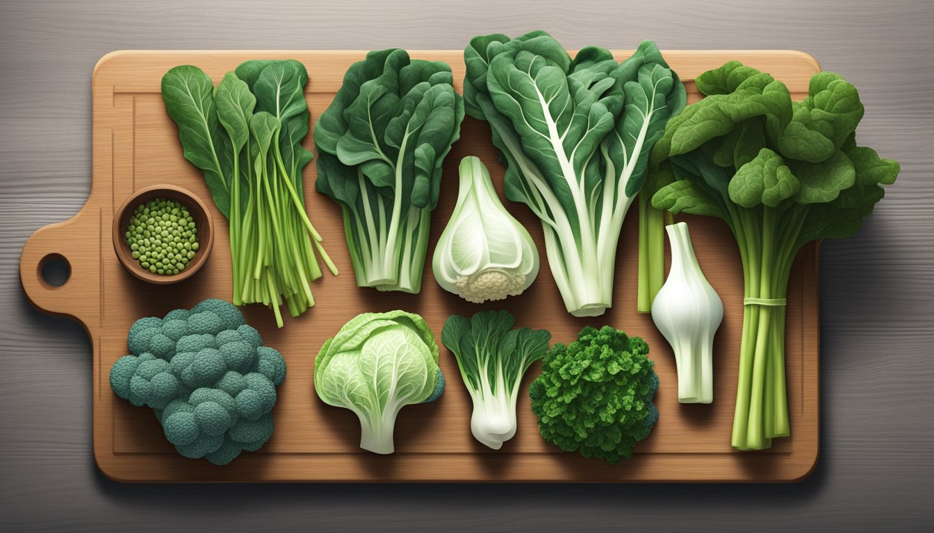 A bunch of Chinese broccoli surrounded by various alternative vegetables, such as kale, bok choy, and spinach, on a wooden cutting board