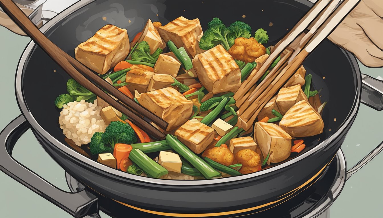 A chef's hand swaps chicken drumsticks for tofu in a sizzling wok of stir-fry