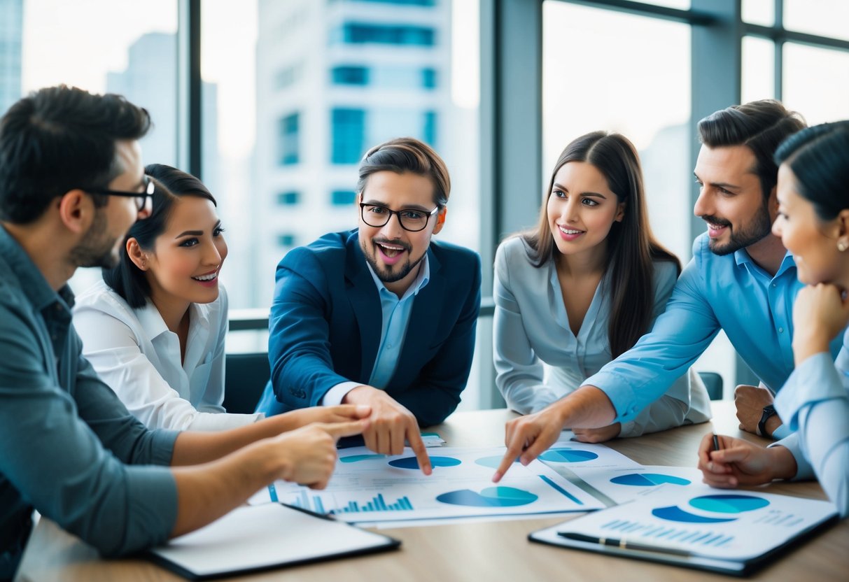 A group of people brainstorming around a table, pointing at charts and graphs. A mix of excitement and concern is evident in their expressions