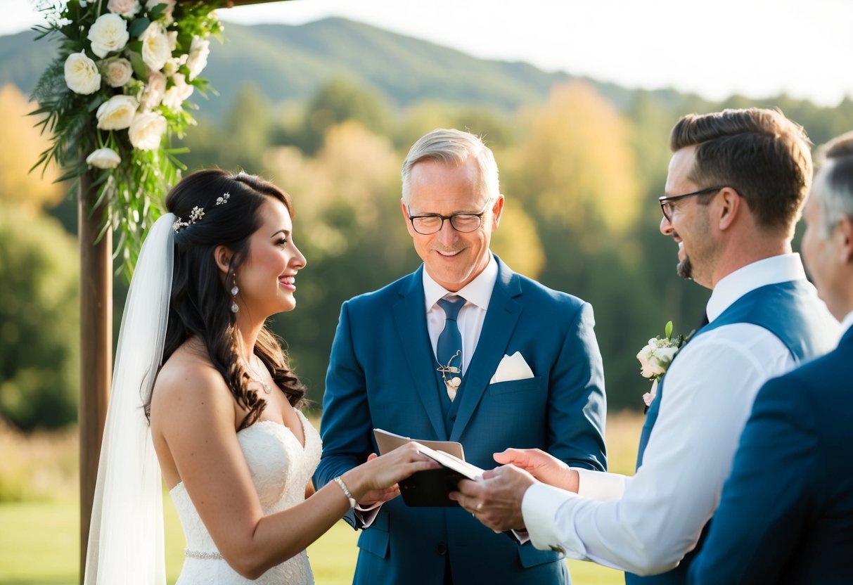 A celebrant conducting a ceremony with a couple, exchanging vows in a scenic outdoor setting