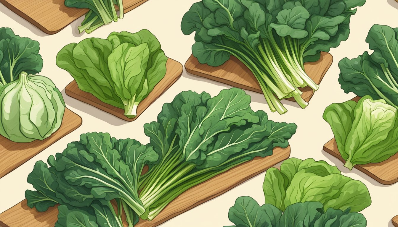 Fresh bunches of kale, bok choy, and gai lan arranged on a wooden cutting board. Bright natural light streams in from a nearby window, casting soft shadows on the vibrant green vegetables