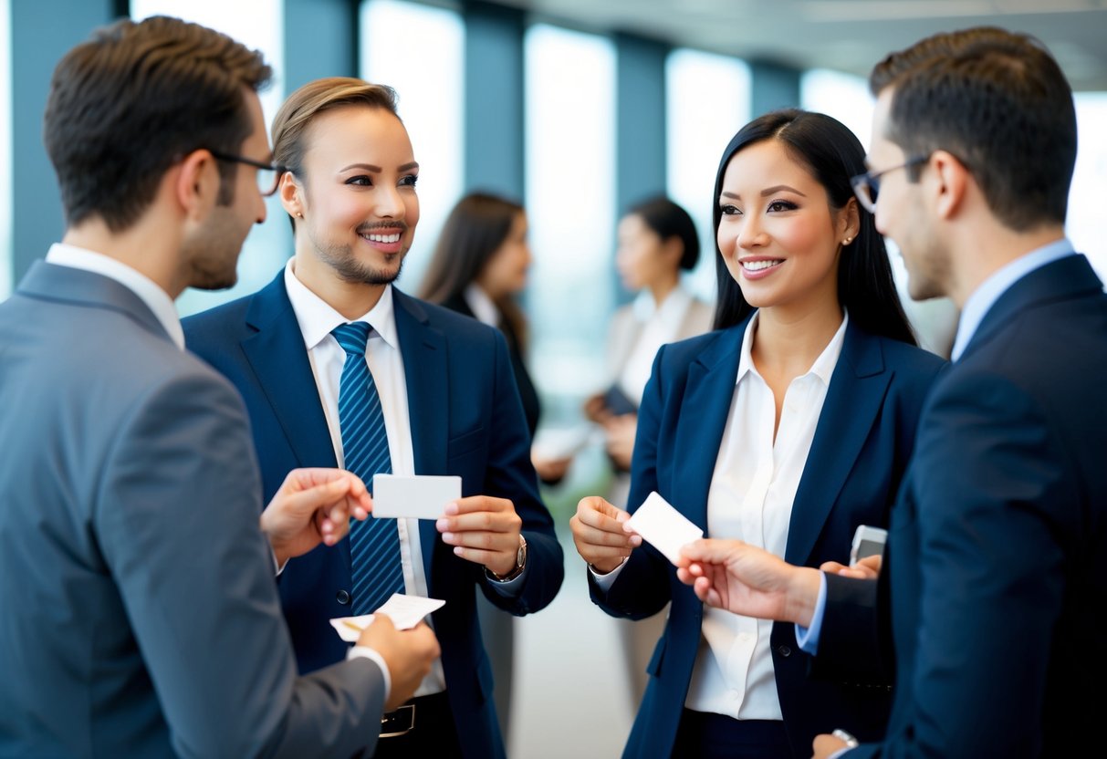 A group of professionals engage in conversation at a networking event, exchanging business cards and discussing industry partnerships