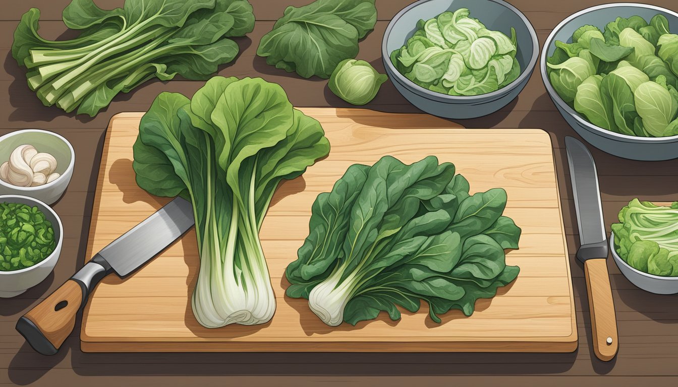 A vibrant array of leafy greens, including bok choy and gai lan, are neatly arranged on a wooden cutting board. A chef's knife is poised to slice through the crisp, fresh vegetables