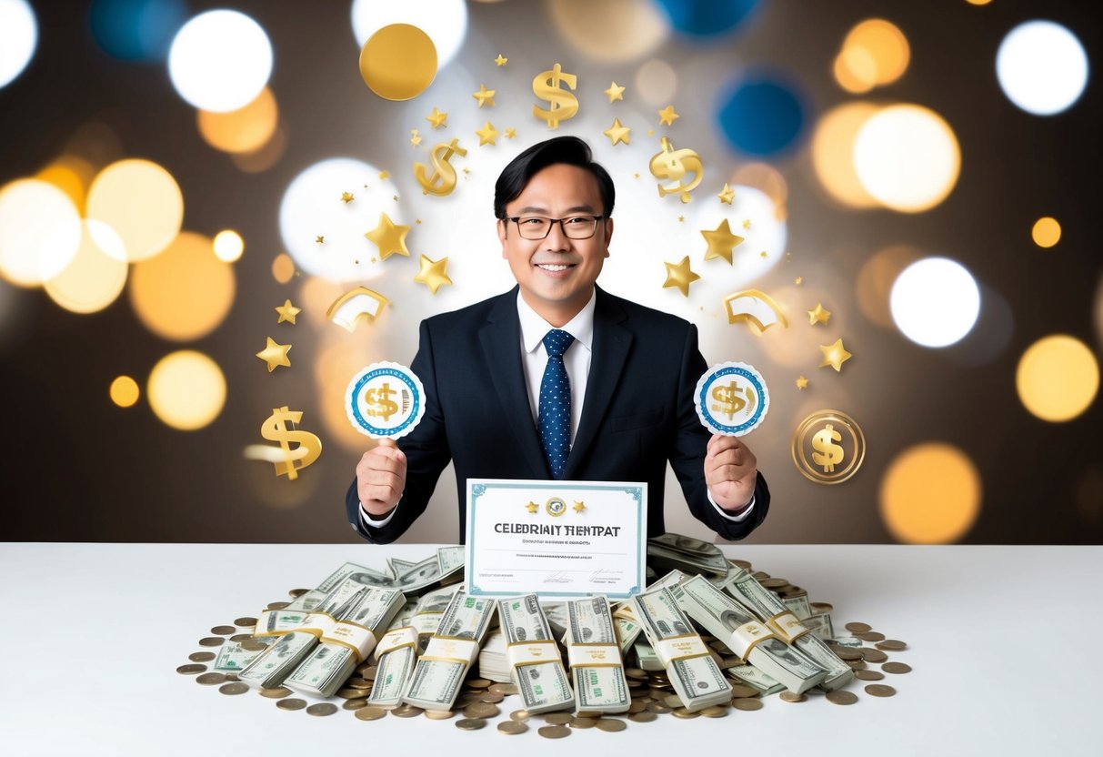 A celebrant holding a certificate, surrounded by celebratory symbols and a pile of money