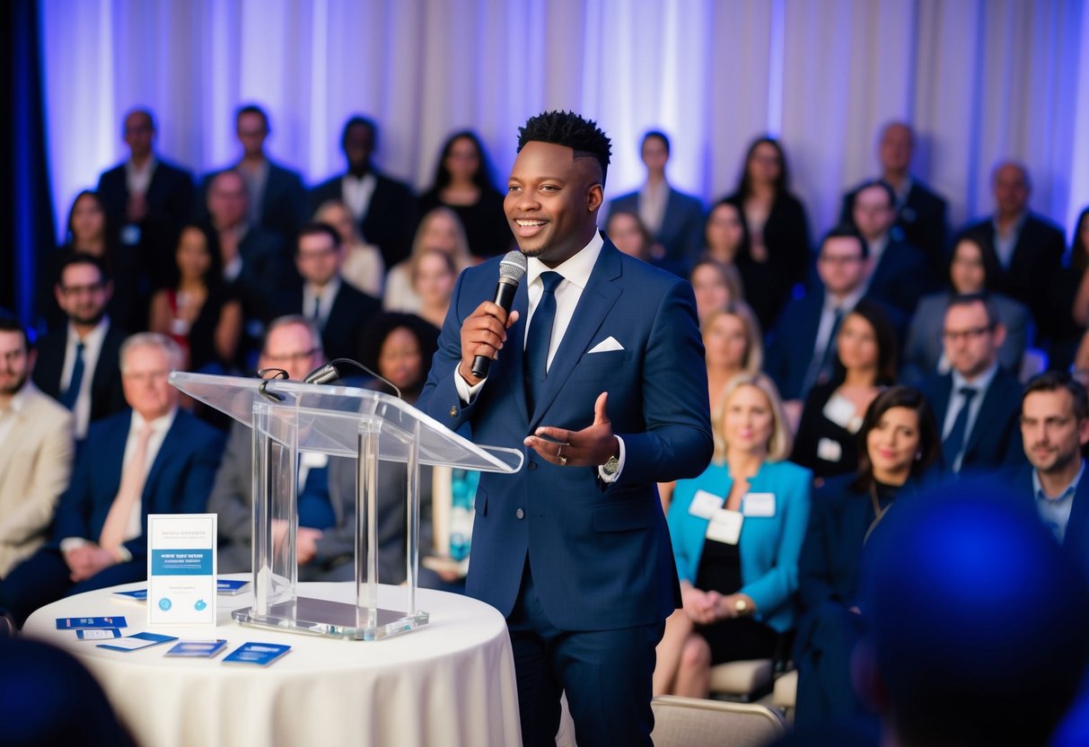 A celebrant stands at a podium, surrounded by an audience. They hold a microphone and appear confident and professional. A table displays business cards and promotional materials