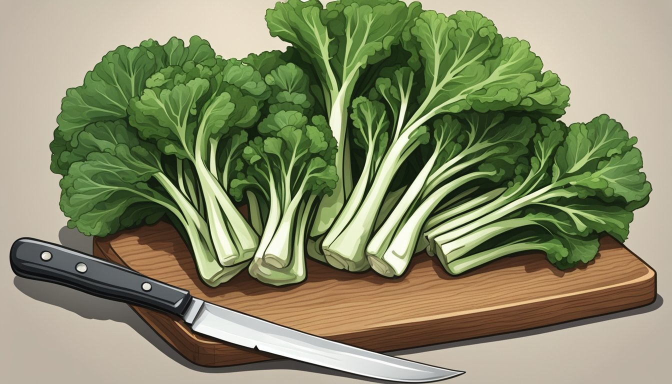 Fresh Chinese broccoli arranged on a wooden cutting board with a knife beside it