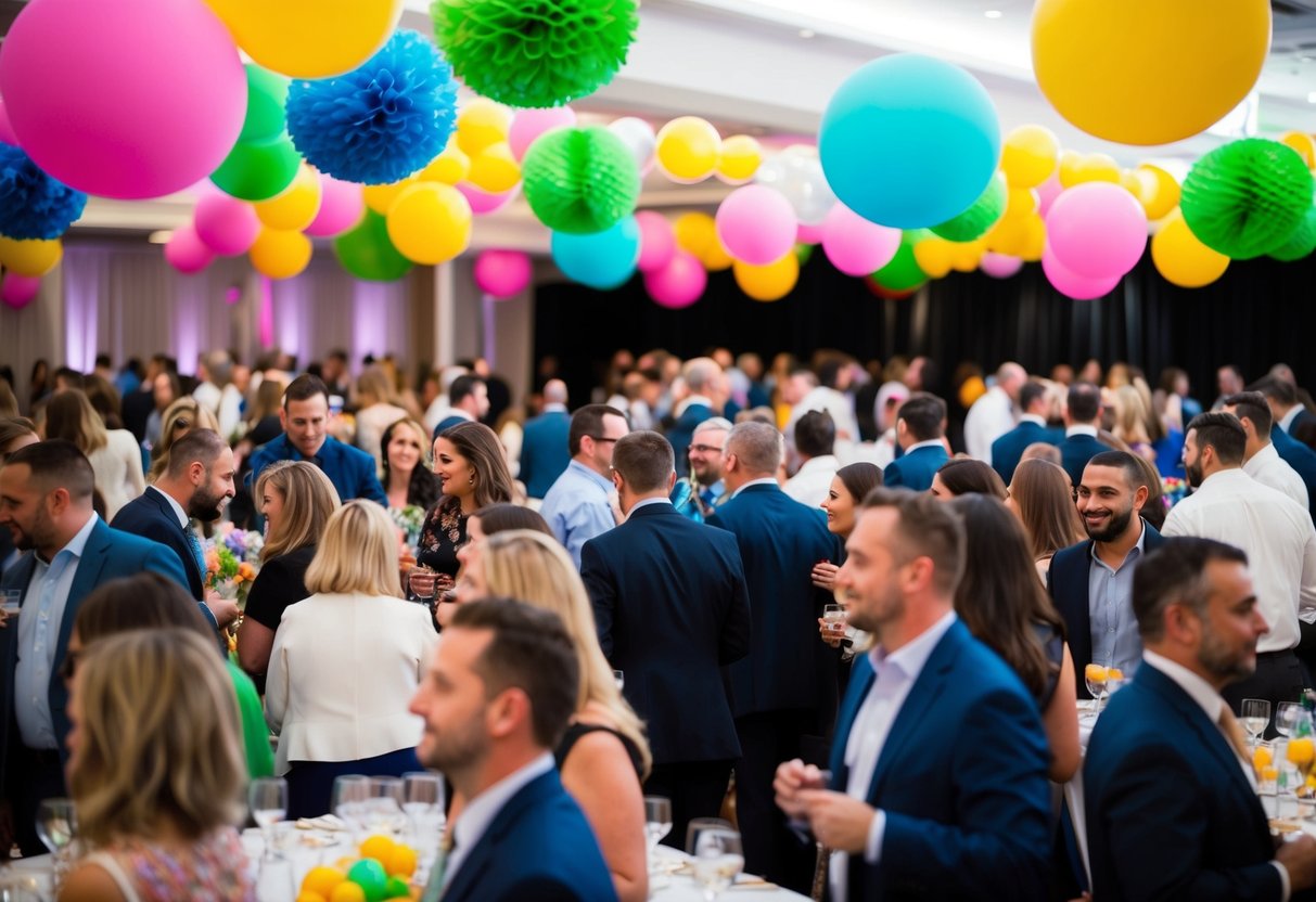 A busy event venue with colorful decorations and people mingling, indicating high demand for a party planner