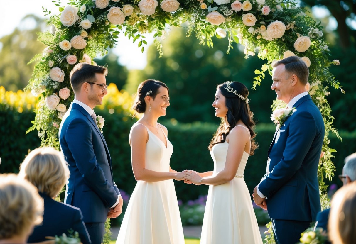 A couple standing beneath a floral archway in a sunlit garden, exchanging vows as a friend or family member officiates the wedding ceremony