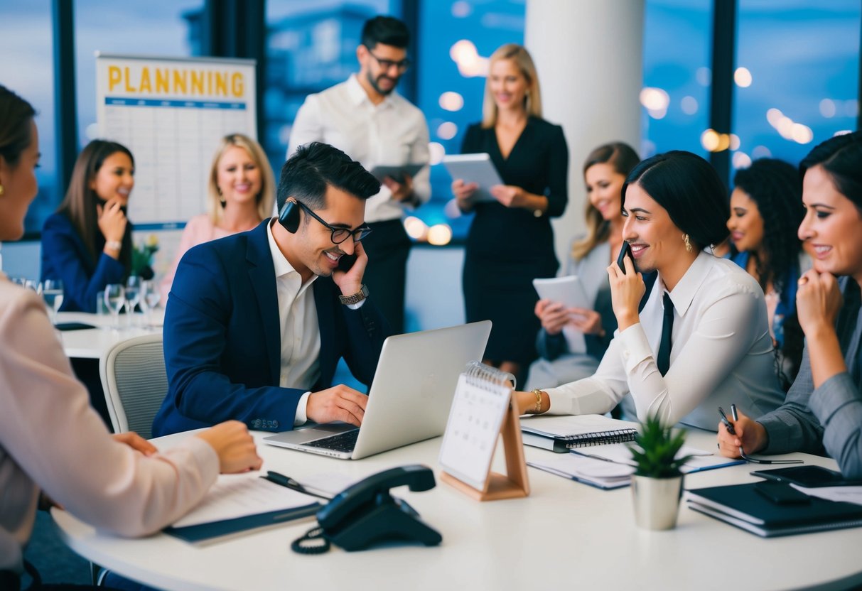 A busy event planning office with a phone ringing off the hook, a calendar filled with bookings, and a team of planners collaborating on upcoming parties