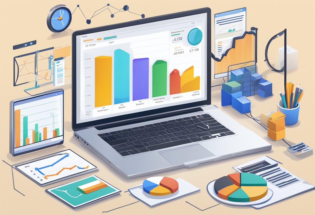 A laptop displaying Google Analytics data with a graph showing website performance, surrounded by SEO testing tools and notes