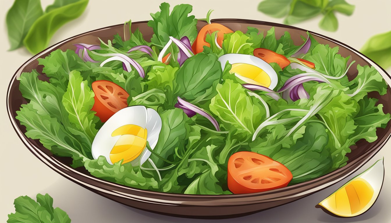 A bowl of fresh green salad with chicory leaves and various substitute vegetables