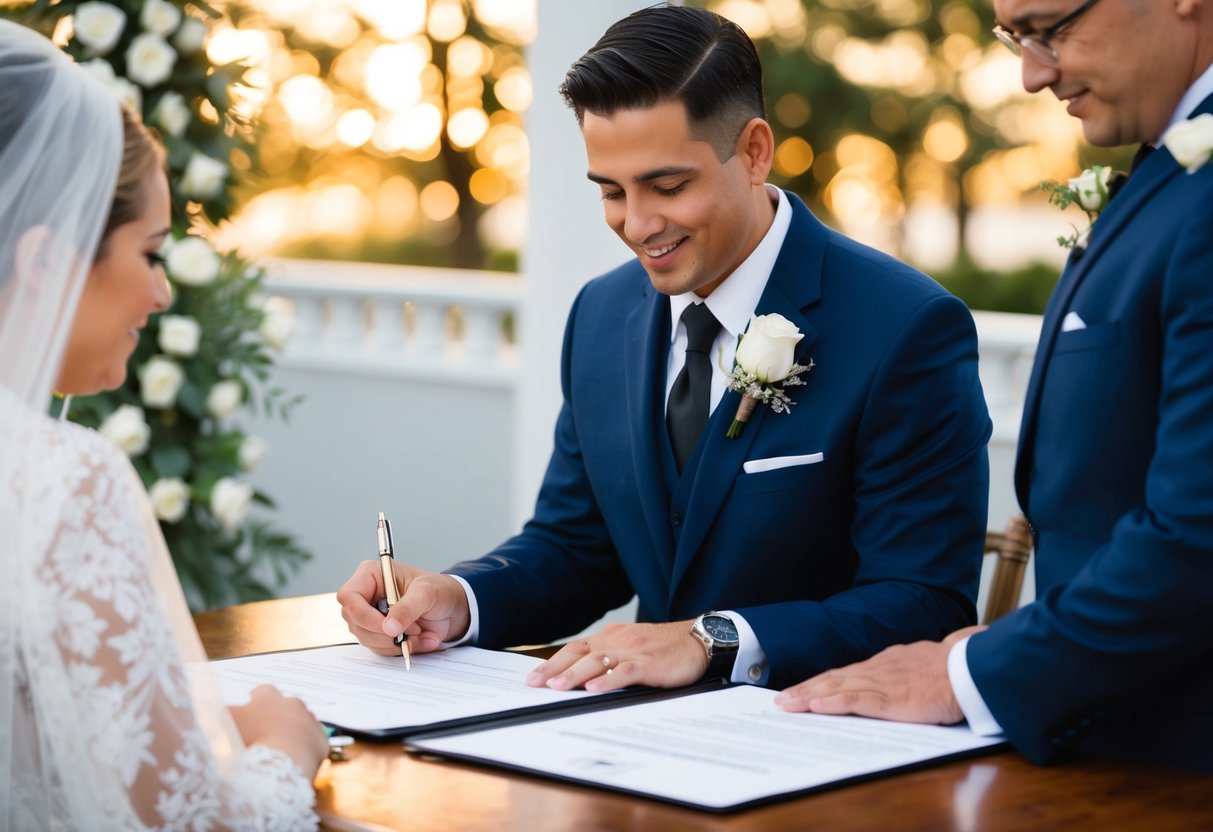 An officiant signing legal documents for a wedding ceremony
