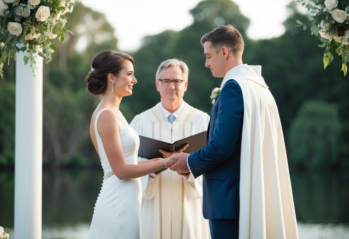 A figure stands before a couple, solemnizing their union. The setting is serene, with a calm and respectful atmosphere