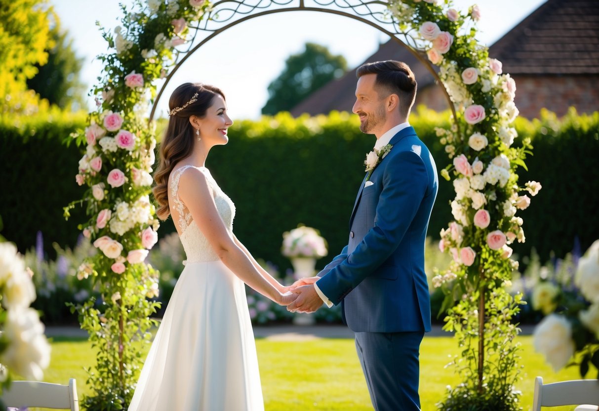 A couple stands in a sunlit garden, surrounded by blooming flowers and a decorative archway. They hold hands as they discuss their wedding ceremony