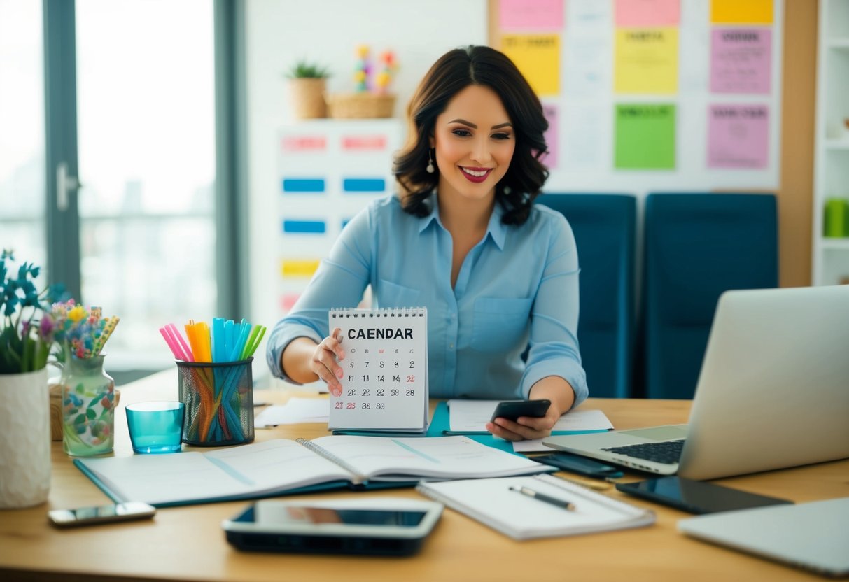 A busy party planner coordinating multiple events with a calendar, phone, and laptop on a cluttered desk