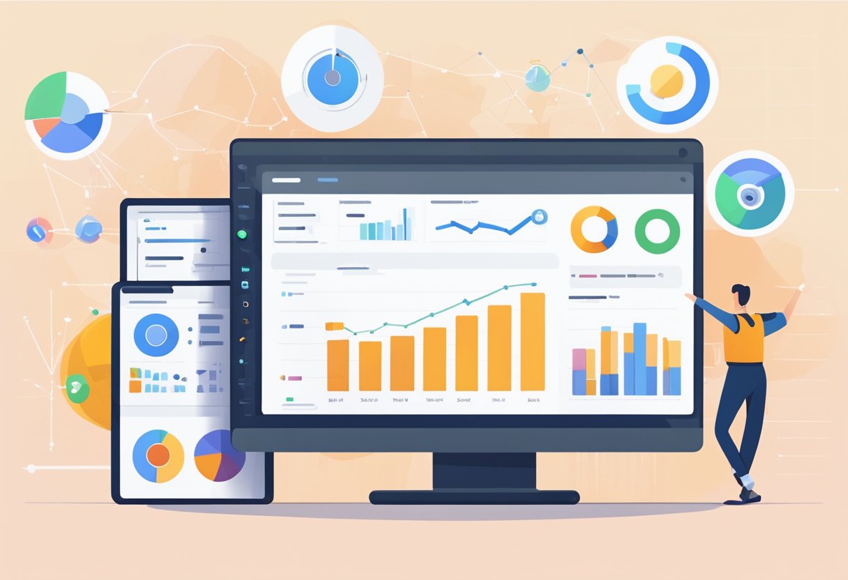 An illustrator could recreate a scene of a computer screen showing various website performance metrics in Google Analytics, with charts and graphs indicating SEO tracking