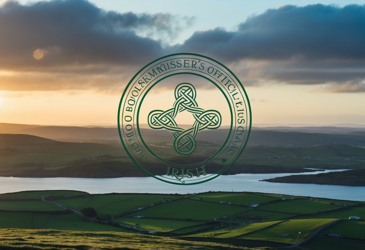 A serene Irish landscape with a traditional Celtic knot symbol and a solemniser's official seal