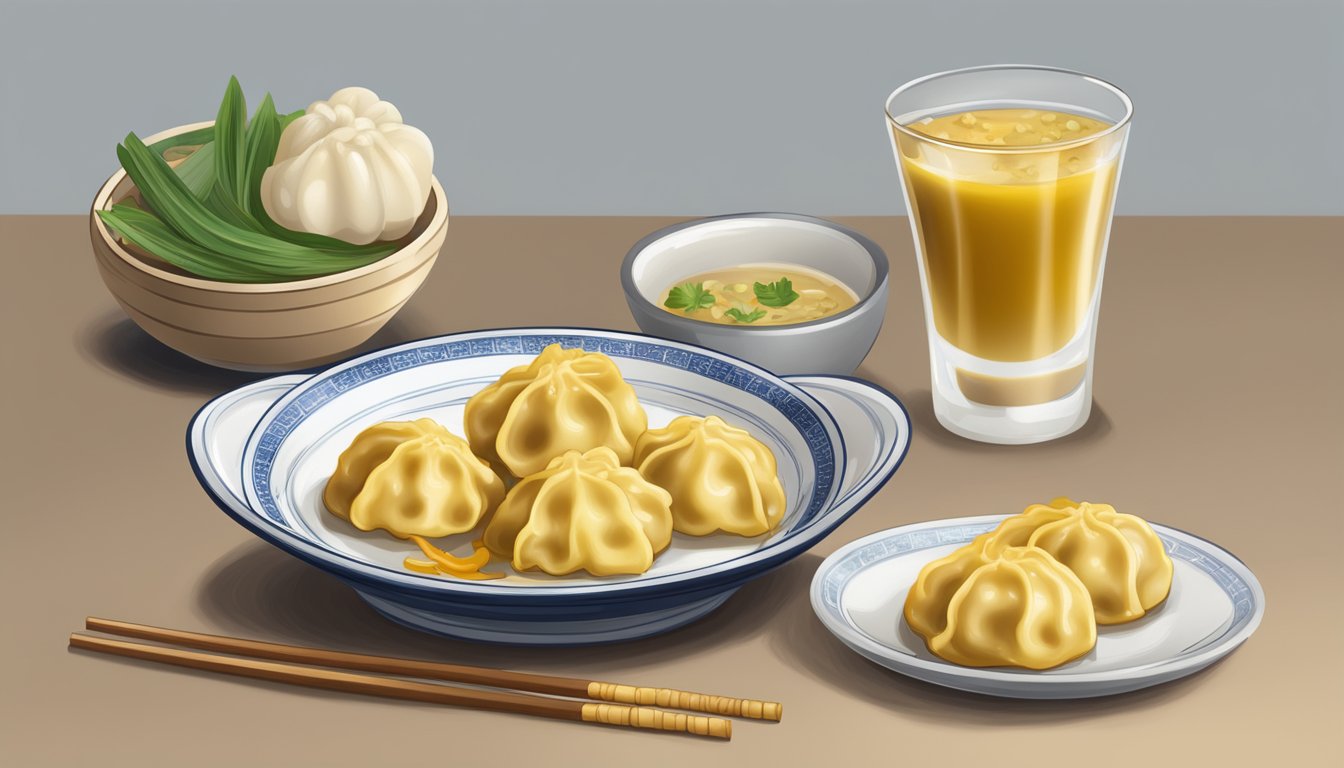 A small dish of Chinese hot mustard next to a plate of dumplings