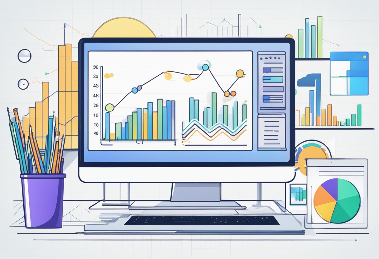 A computer screen displaying a line graph with a steady increase, surrounded by various charts and data analytics tools