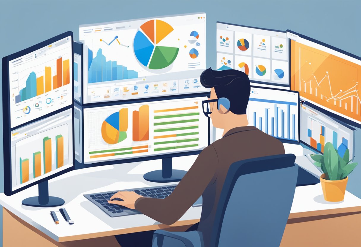 A person analyzing data on a computer screen, surrounded by charts and graphs, with a focus on Google Analytics and website performance tracking