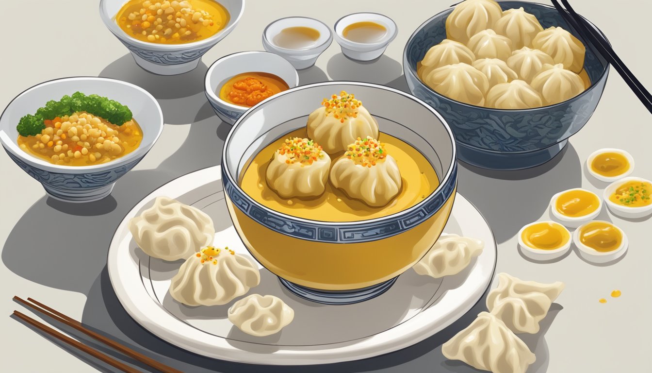 A small dish of Chinese hot mustard sits next to a plate of dumplings, with a dollop of spicy mustard being spread onto the dumpling with a small spoon