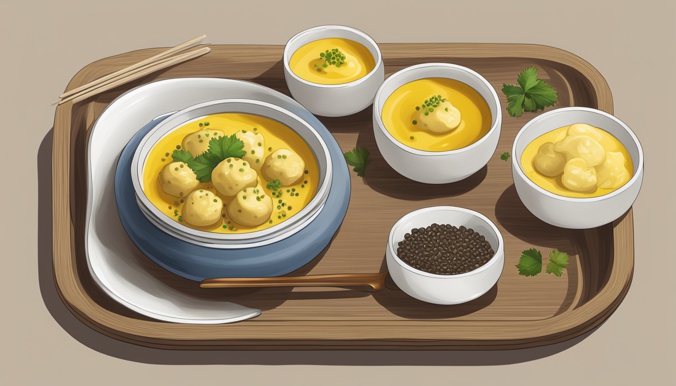 A small dish of Chinese hot mustard with a spoonful of mustard and a few whole mustard seeds next to a plate of dumplings