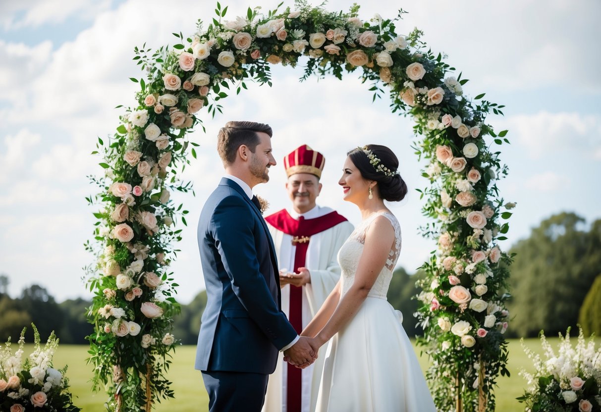 A couple stands beneath a floral arch, facing a person in ceremonial attire