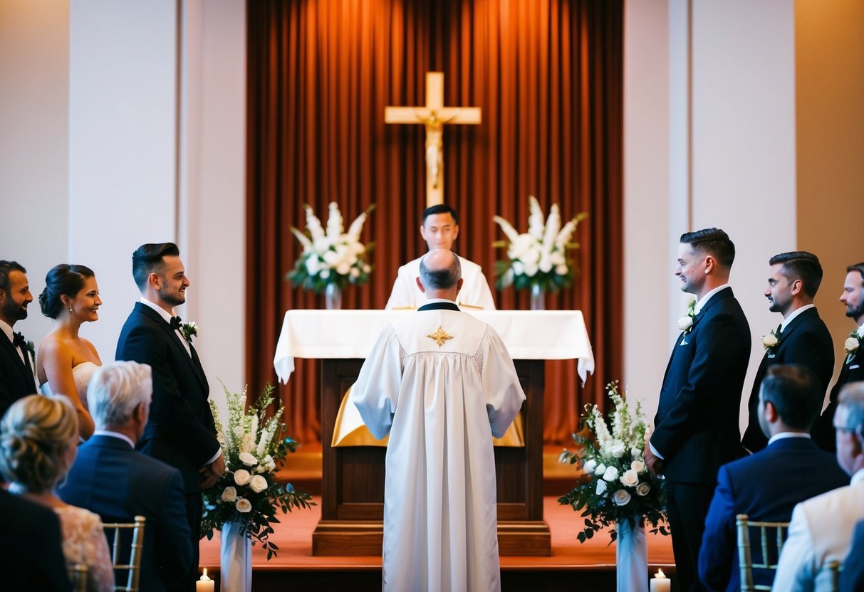 A person standing at an altar, presiding over a wedding ceremony
