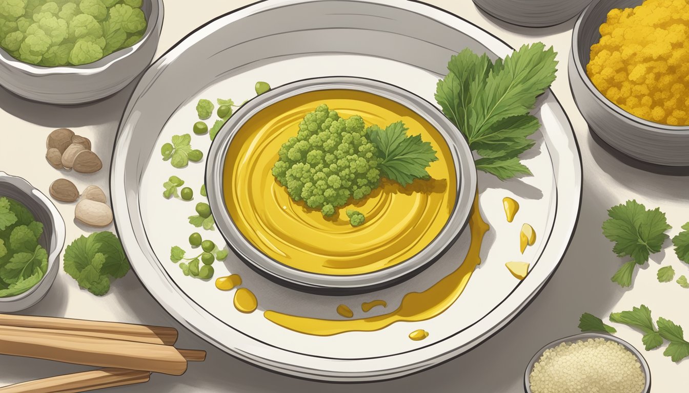 A small dish of Chinese hot mustard surrounded by alternative ingredients like wasabi, horseradish, and spicy mustard