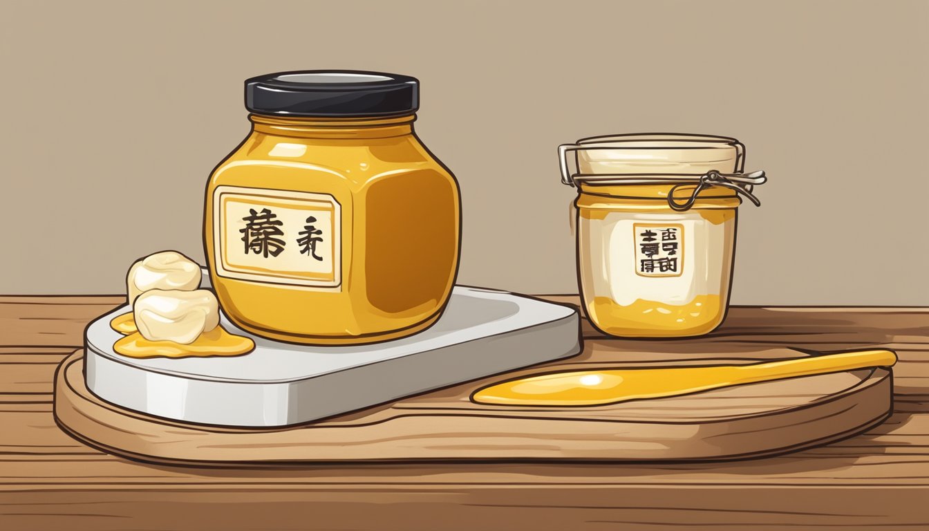 A small jar of Chinese hot mustard sits next to a spoonful of honey and a dollop of mayonnaise on a wooden cutting board