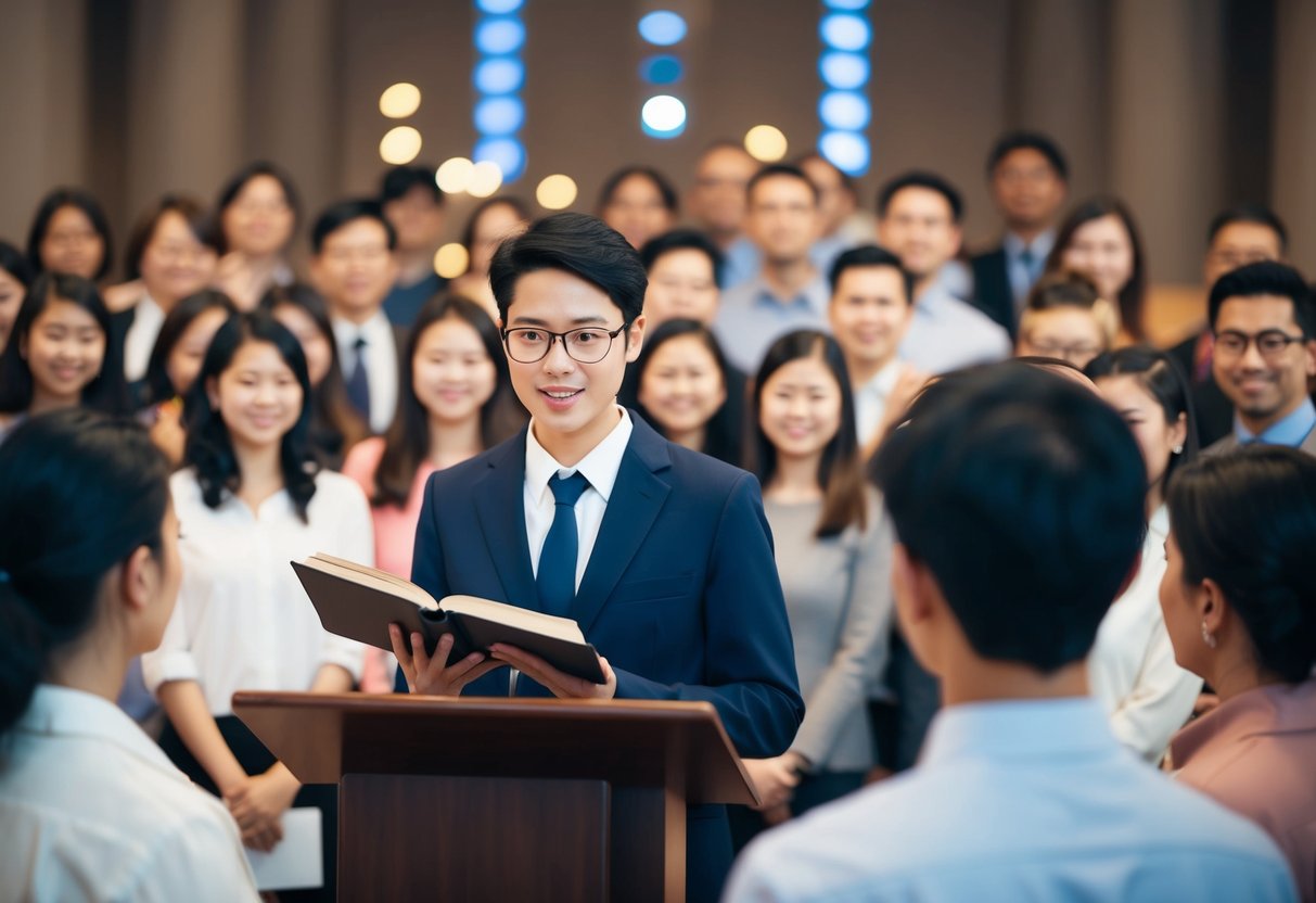 A person standing at a podium with a book, surrounded by a group of people