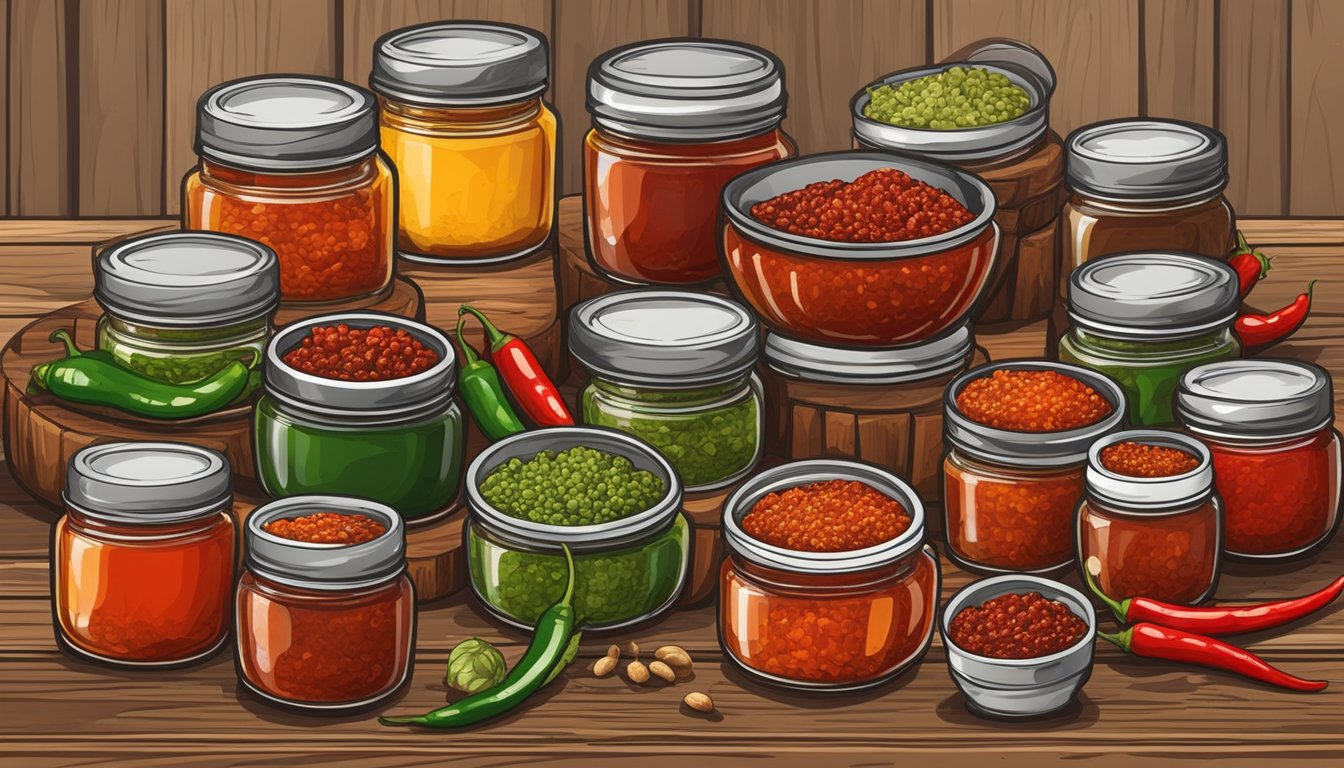 A variety of chili paste jars arranged on a wooden table, surrounded by fresh chili peppers and garlic cloves