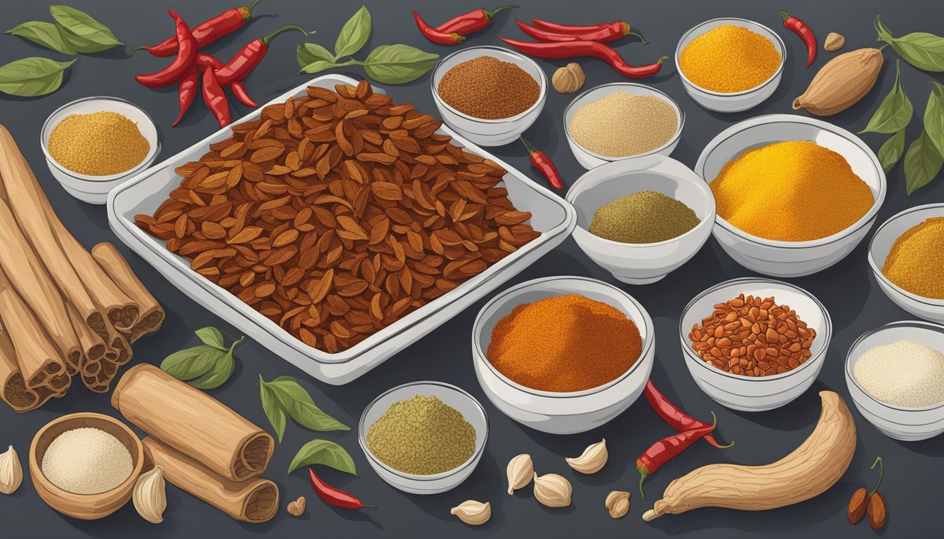 A variety of ingredients such as dried chilies, garlic, ginger, and various spices arranged on a kitchen counter for making chili oil substitutes