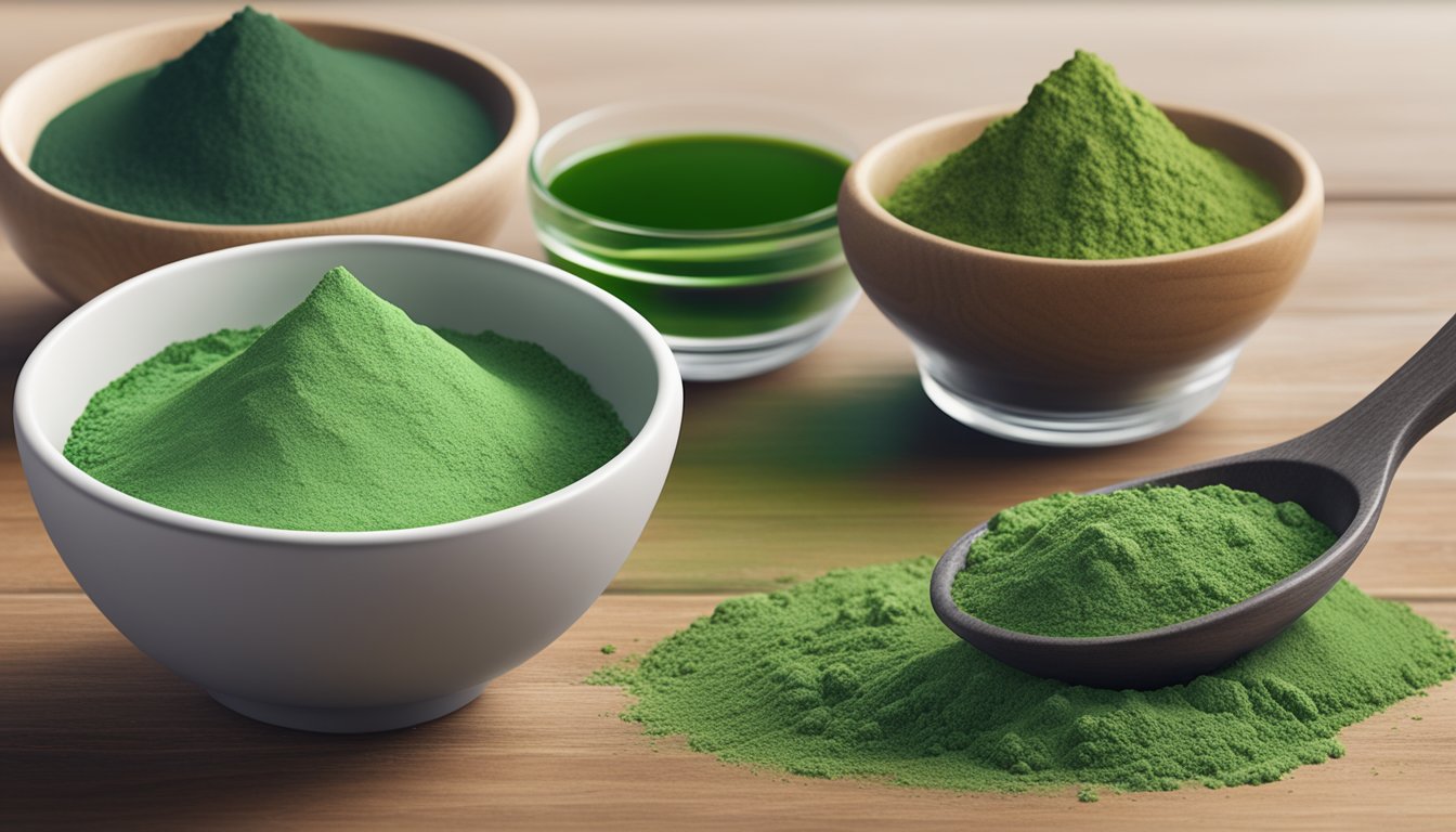 A bowl of chlorella powder next to various substitute options like spirulina, wheatgrass, and kale powder