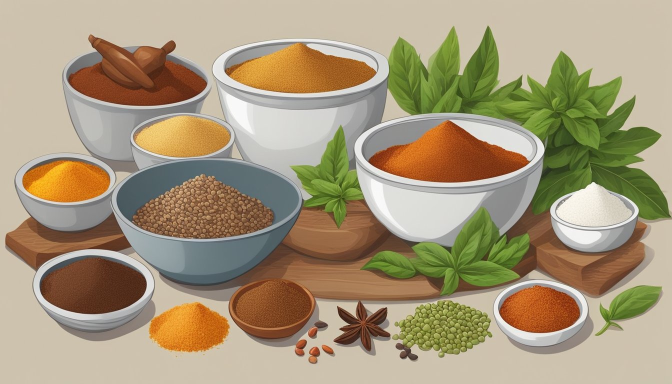 A variety of ingredients and spices arranged on a kitchen counter, including different types of chili paste substitutes and a mortar and pestle for grinding