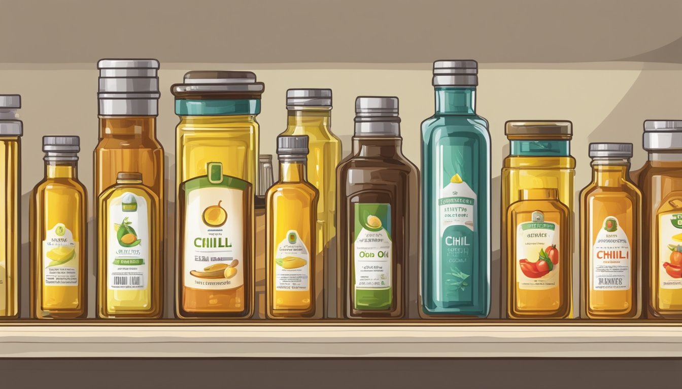 A variety of containers and bottles filled with different oils, neatly organized on a shelf with labels indicating their use for chili oil substitutes