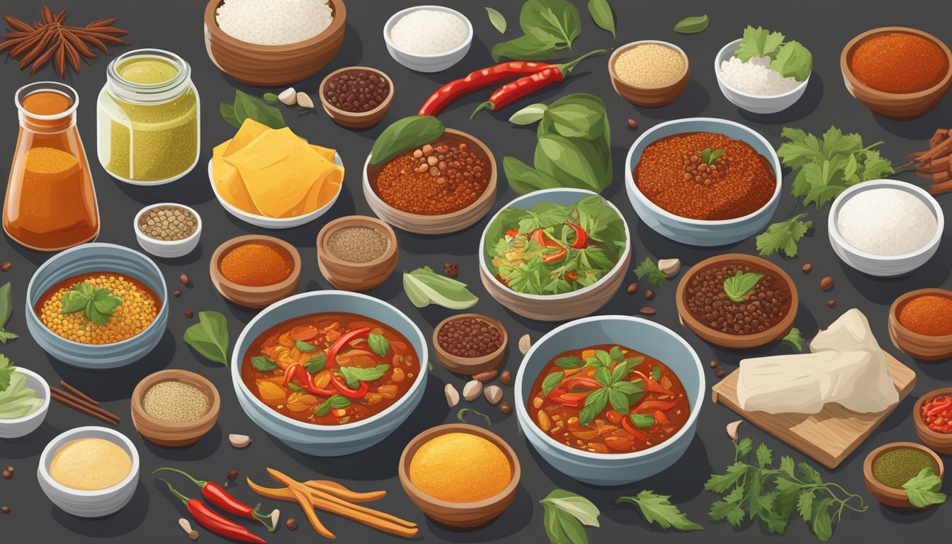 A variety of cuisines and dishes surround a jar of chili paste substitutes, including different spices, herbs, and condiments