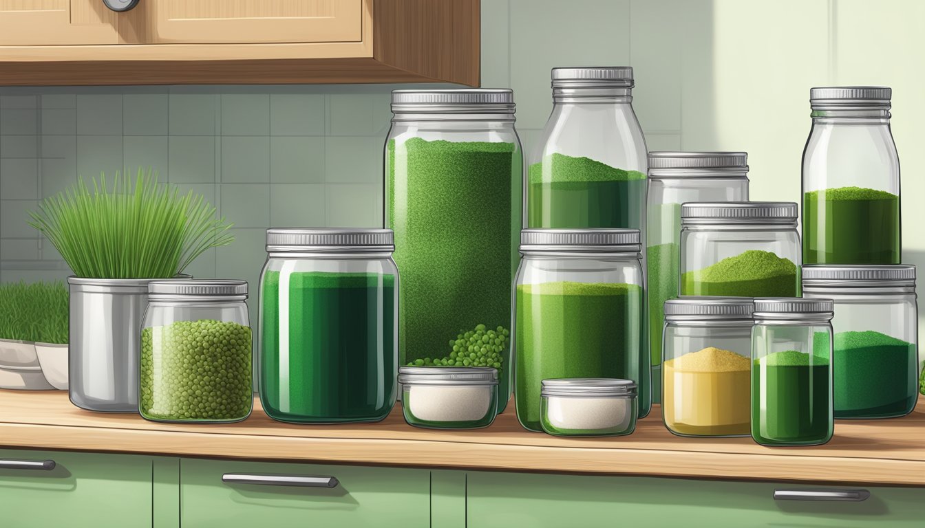 A kitchen counter with various containers of chlorella powder substitutes, such as spirulina, wheatgrass, and barley grass, arranged neatly for easy access