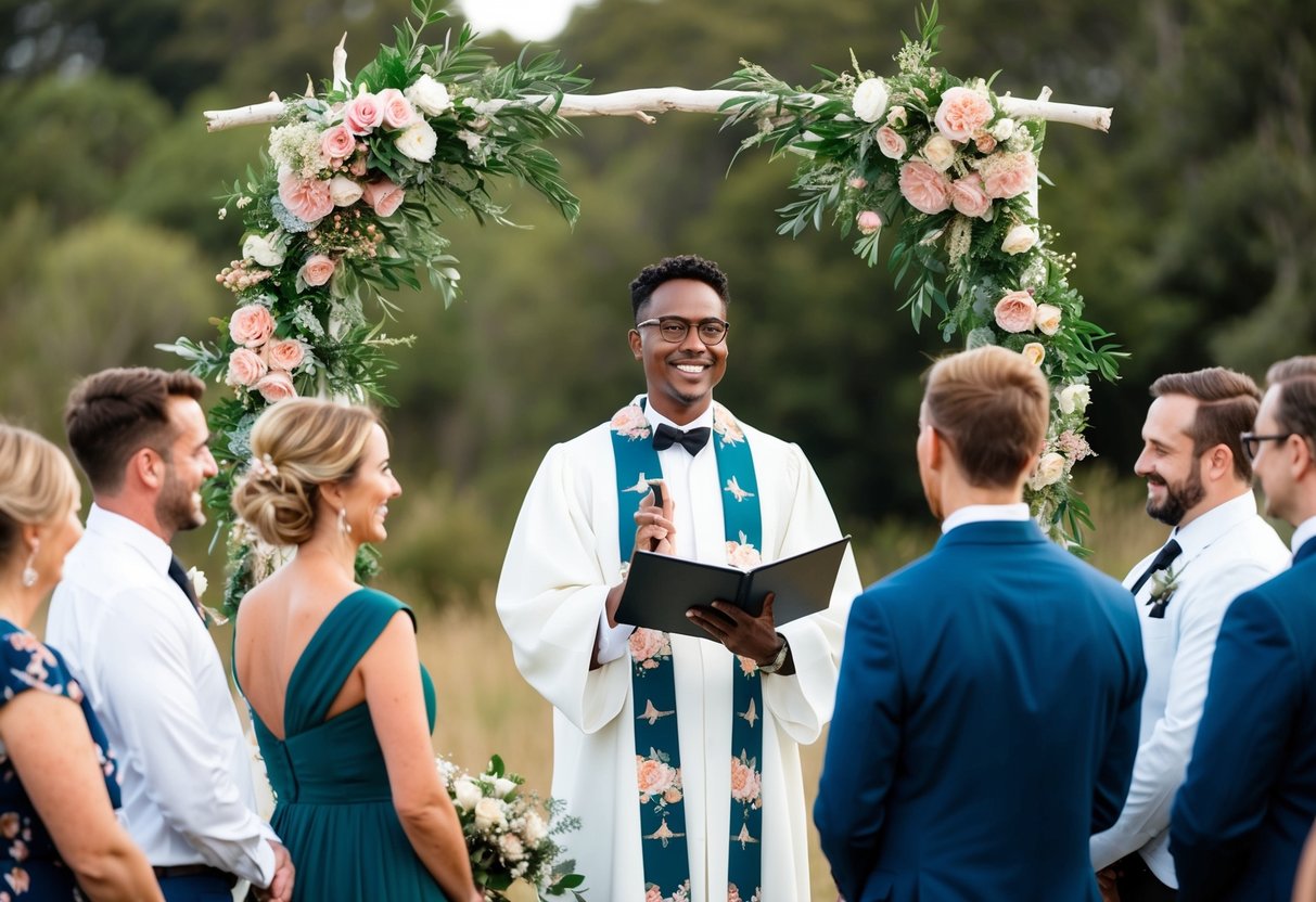 A celebrant stands under a floral arch, officiating a wedding ceremony in a natural outdoor setting. The couple and guests are gathered around, smiling and enjoying the moment